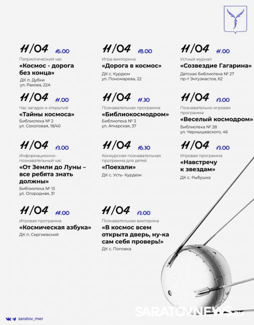 День Космонавтики: для саратовцев подготовлена праздничная программа День Космонавтики: для саратовцев подготовлена праздничная программа