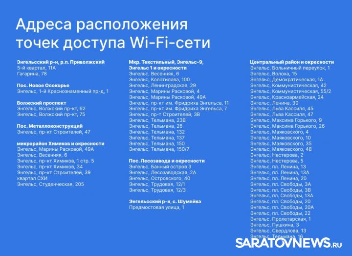 Опубликован список точек бесплатного доступа Wi-Fi в Энгельсе