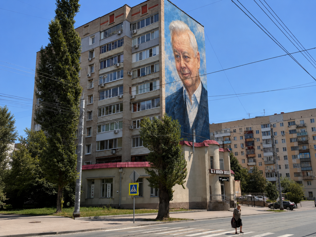 Мурал памяти Олега Табакова у театра драмы в Саратове