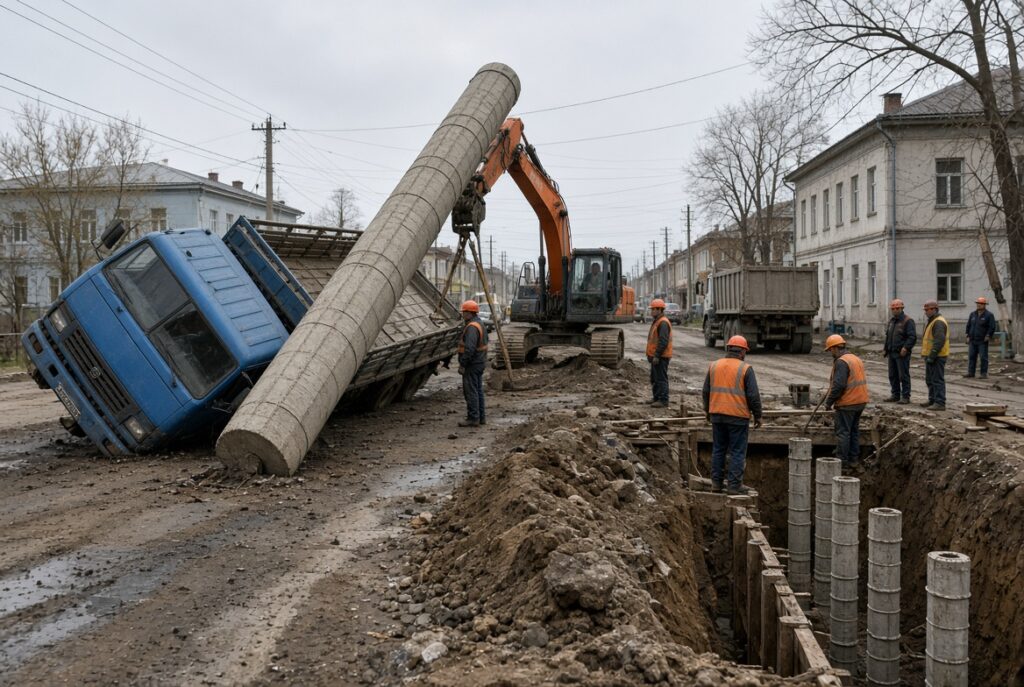 В Аткарске грузовик со столбом рухнул на рабочего
